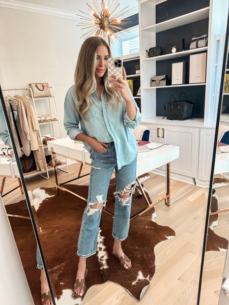 Denim on denim / casual outfit / spring outfit 

Wearing a small in the denim shirt. Sized down two to a 24 in the jeans


#LTKStyleTip #LTKFindsUnder100 #LTKShoeCrush