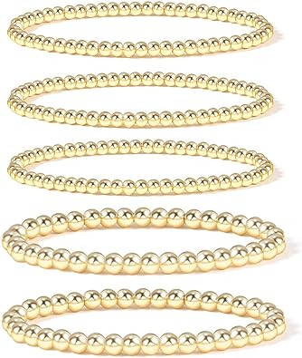 Gold Bead Bracelet for Women,14K Gold Plated Bead Ball Bracelet Stretchable Elastic Bracelet | Amazon (US)