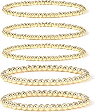 Gold Bead Bracelet for Women,14K Gold Plated Bead Ball Bracelet Stretchable Elastic Bracelet | Amazon (US)