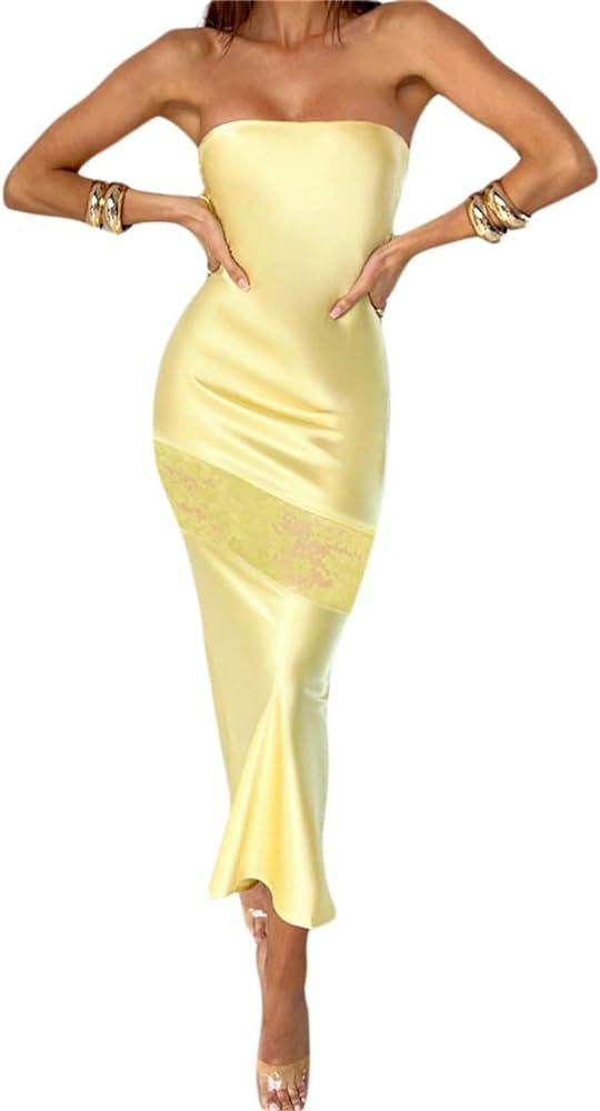 NUFIWI Strapless Tube Maxi Dress Sleeveless Off Shoulder Slim Midi Dress Tie Dye Bodycon Backless... | Amazon (US)