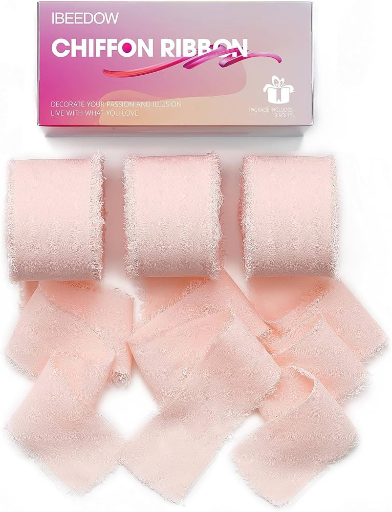 IBEEDOW 1.5" x 36Yd Chiffon Ribbon 3 Rolls Beige Pink Handmade Fringe Chiffon Silk Ribbon Set for... | Amazon (US)