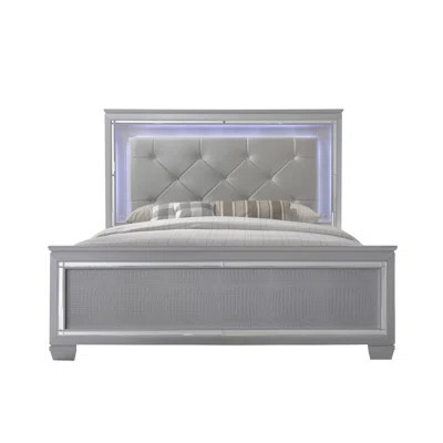 1Pc Modern King LED Faux Leather Upholstery Panel Bed Beveled Mirror Accents Textured Footboard Finish | Wayfair North America
