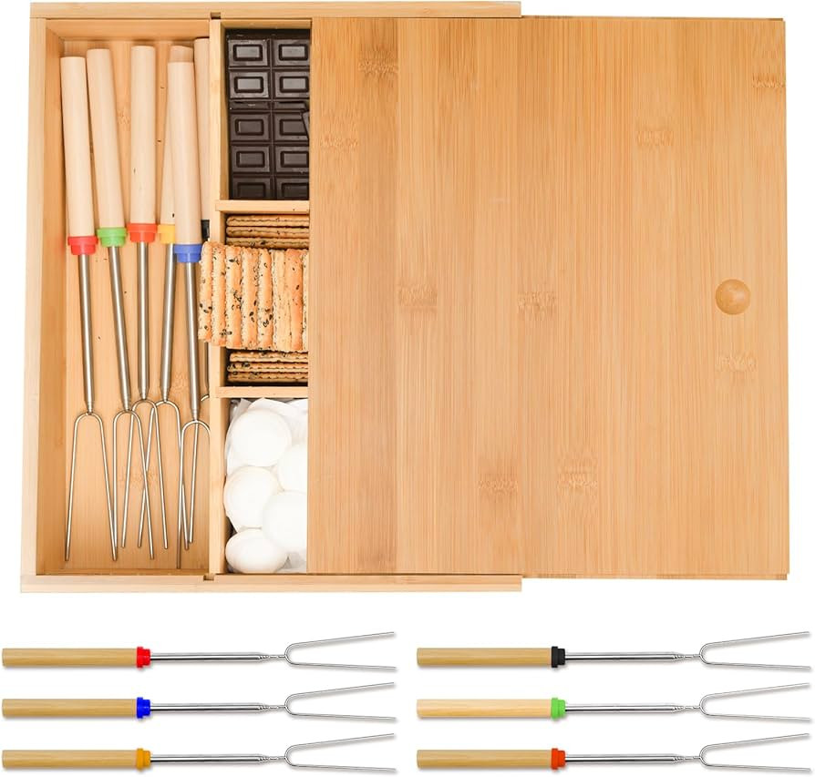 Smores Kits,Bamboo Smores Box with a Lid,Smores Caddy with 6Pcs Extendable Marshmallow Roasting S... | Amazon (US)