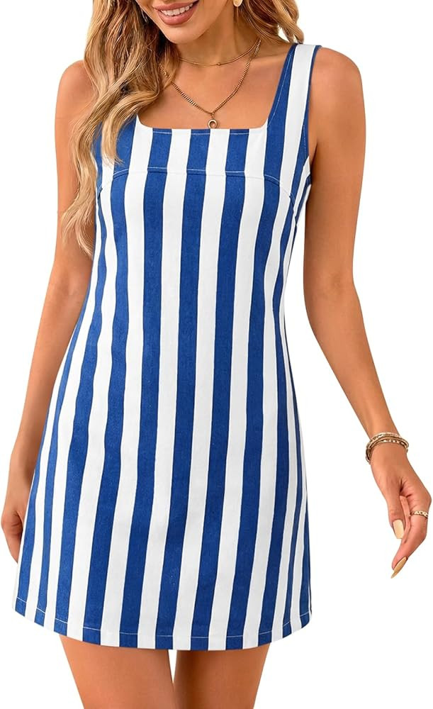 Cicy Bell Womens Summer Striped Denim Mini Dresses Square Neck Sleeveless Short Sundress Vacation... | Amazon (US)
