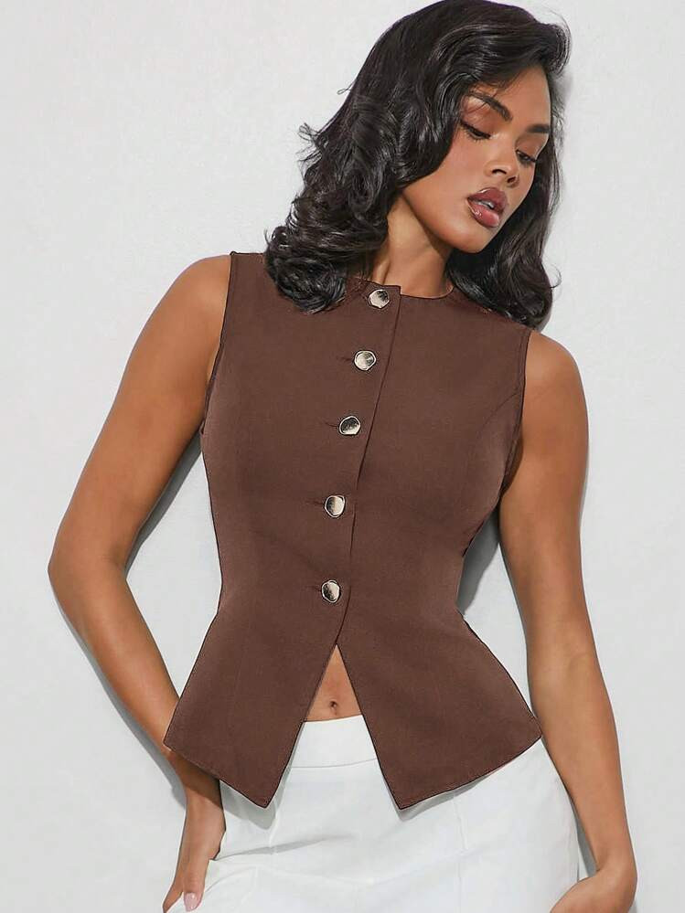 Hauture Women's Solid Color Round Neck Single-Breasted Sleeveless Casual Shirt | SHEIN