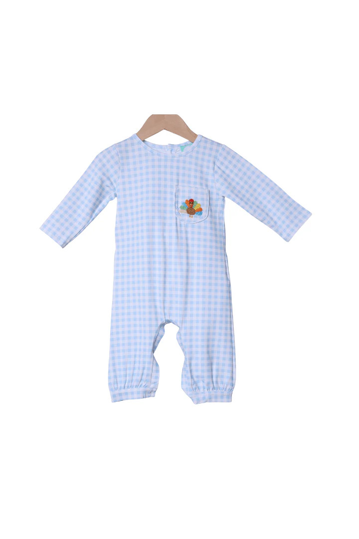 French Knot Turkey Blue Gingham Romper | The Smocked Flamingo