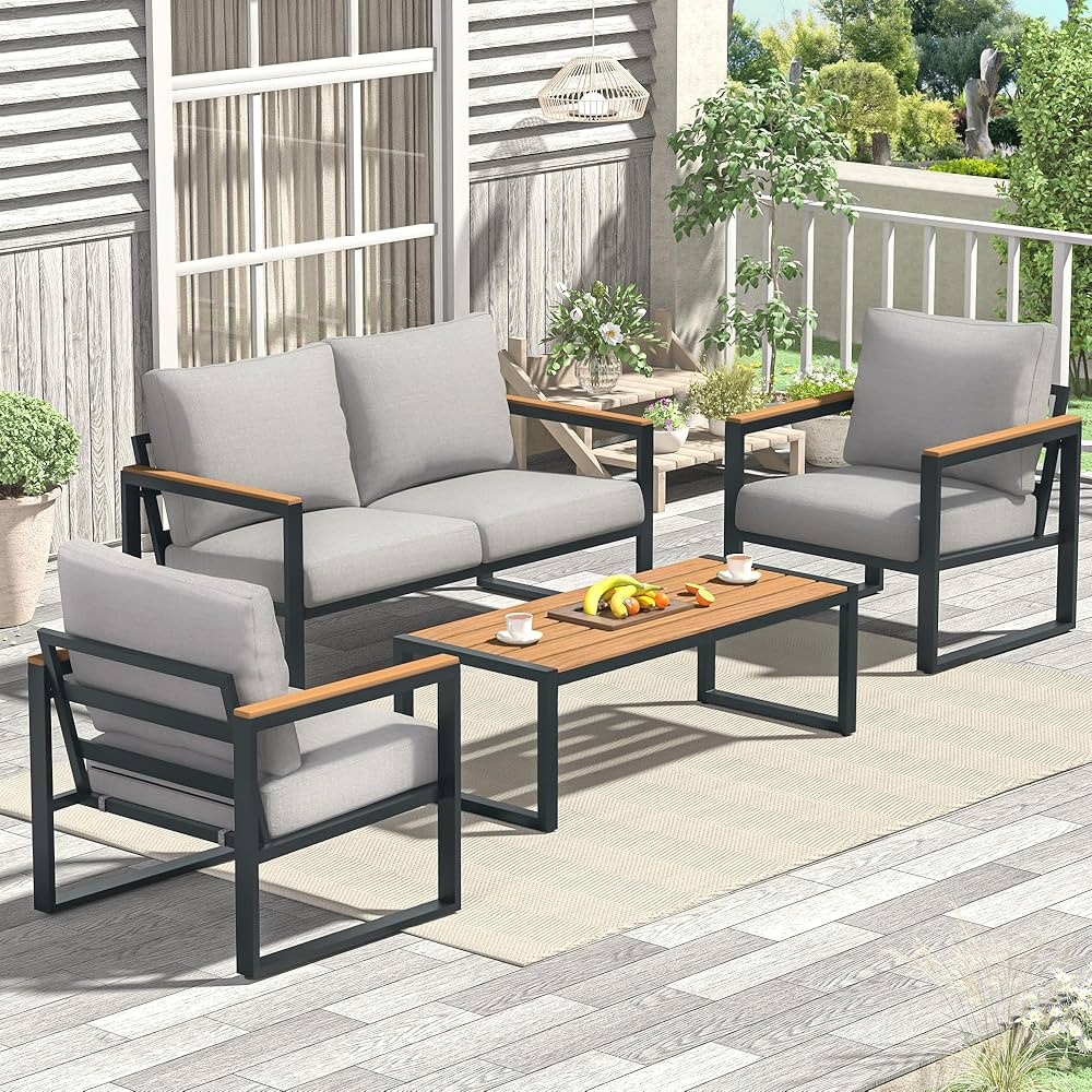 Patio Furniture Set, 4 Pieces Outdoor Patio Furniture with Coffee Table Set, Metal Patio Conversa... | Amazon (US)
