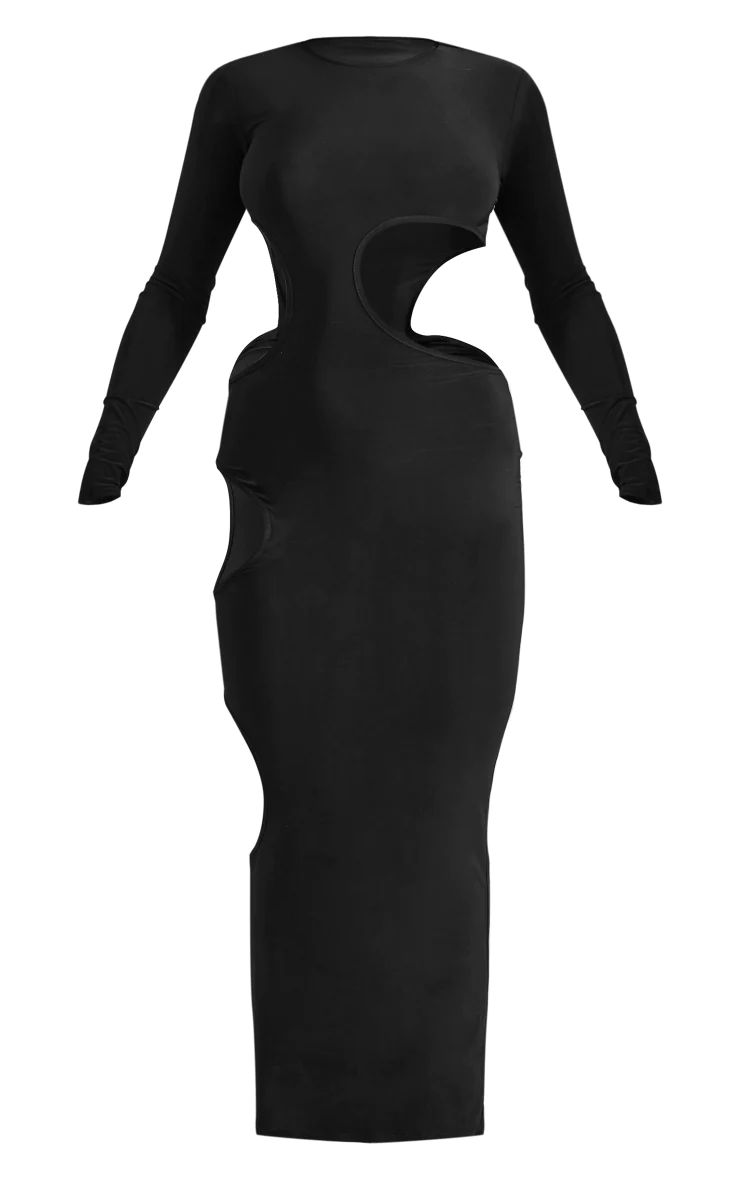 Black Slinky Multi Cut Out Long Sleeve Maxi Dress | PrettyLittleThing US