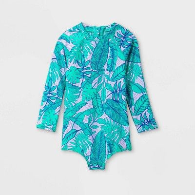 Toddler Girls' Leaf Print One Piece Rash Guard - Cat & Jack™ Blue/Pink | Target