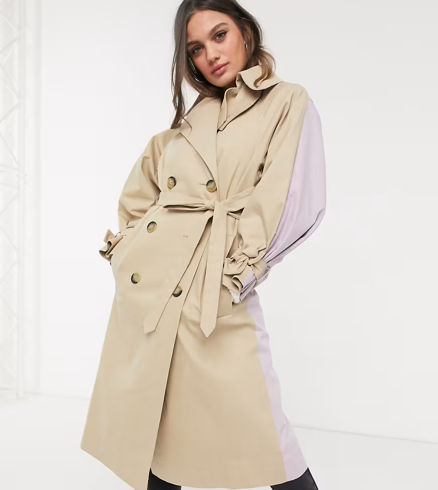 ASOS DESIGN Petite color block tie sleeve trench coat in stone-Neutral | ASOS (Global)