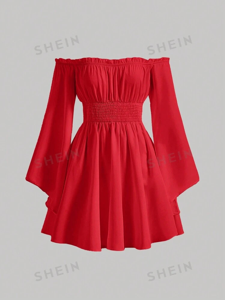 SHEIN MOD Women's Open Shoulder Flared Sleeve Dress | SHEIN USA | SHEIN