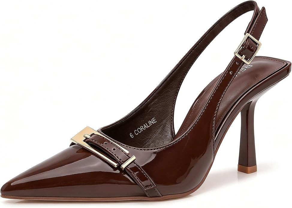 Slingback Kitten Heels for Womens Patent Leather Stiletto Pointed Toe Pumps | Amazon (US)