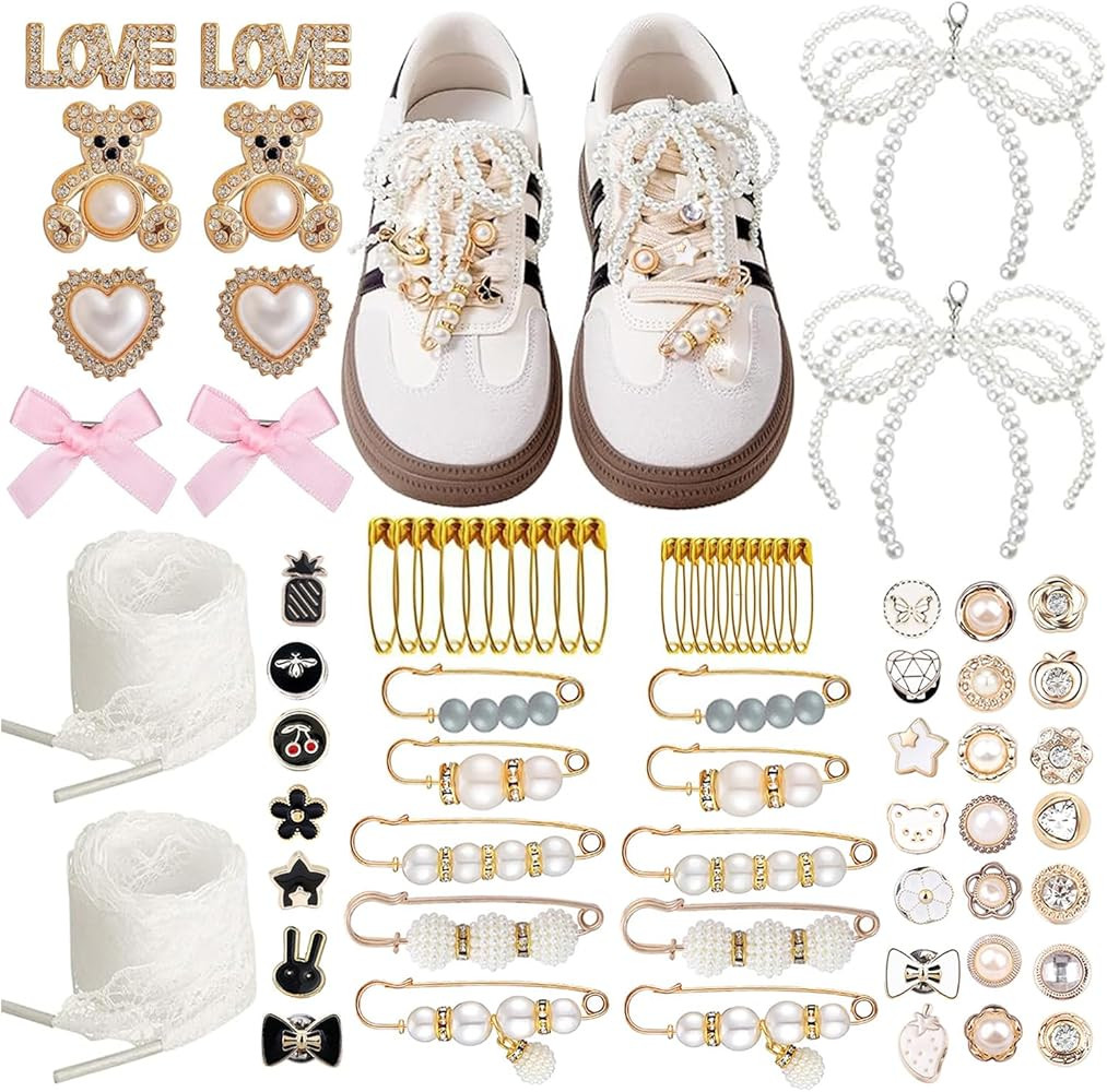 Sneaker Charms Pearl Rhinestone Brooches Pins Shoe Jewelry Charms Safety Pins Buttons Decor Acces... | Amazon (US)