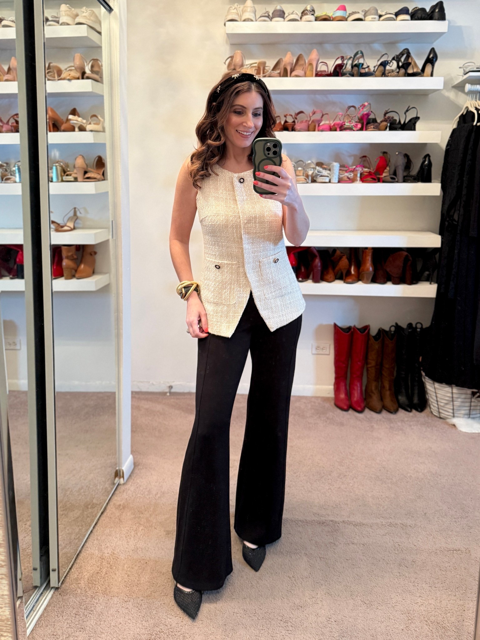 What I wore to work today, workwear outfit, casual outfit, designer inspired tweed vest, black dress pants, black kitten heels, easy outfit  


#LTKWorkwear #LTKootd #LTKSaleAlert