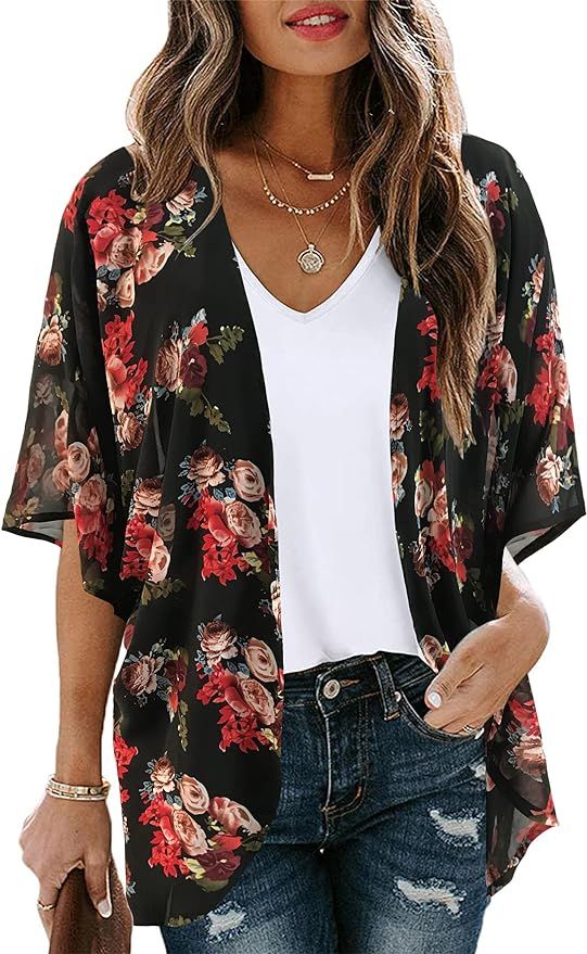 Women's Floral Print Puff Sleeve Kimono Cardigan Loose Cover Up Casual Blouse Tops | Amazon (US)