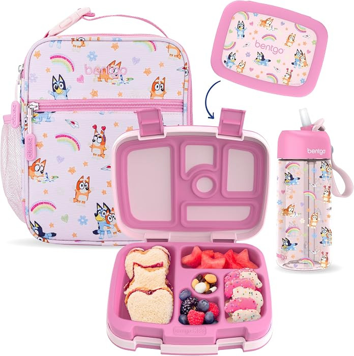 Bentgo + BLUEY 3-Piece Lunchtime Trio Set - Leak-Proof Kids Prints 5-Compartment Bento Lunch Box,... | Amazon (US)