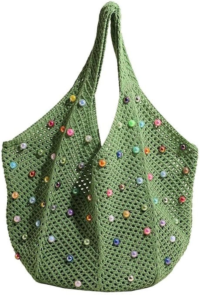 Boho Crochet Beach Tote Bag with Colored Beads | Colorful Aesthetic Hippie Knit Bag for Women | Amazon (US)
