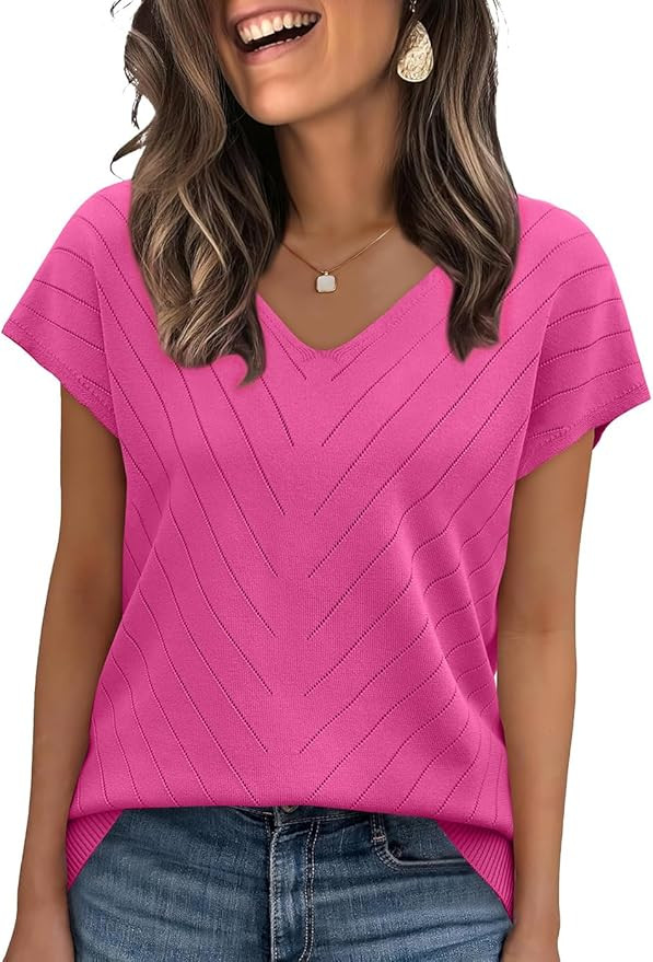 WIHOLL Short Sleeve Sweater for Women V Neck Trendy Summer Tops 2026 Beach Vacation Clothes Trave... | Amazon (US)