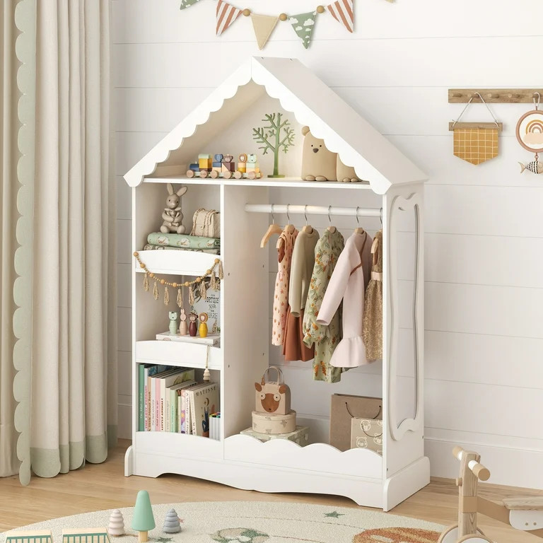 Curipeer Kids Dress Up Storage with Motion-Activated Light,Wood Armoire Wardrobe Closet with Mirr... | Walmart (US)
