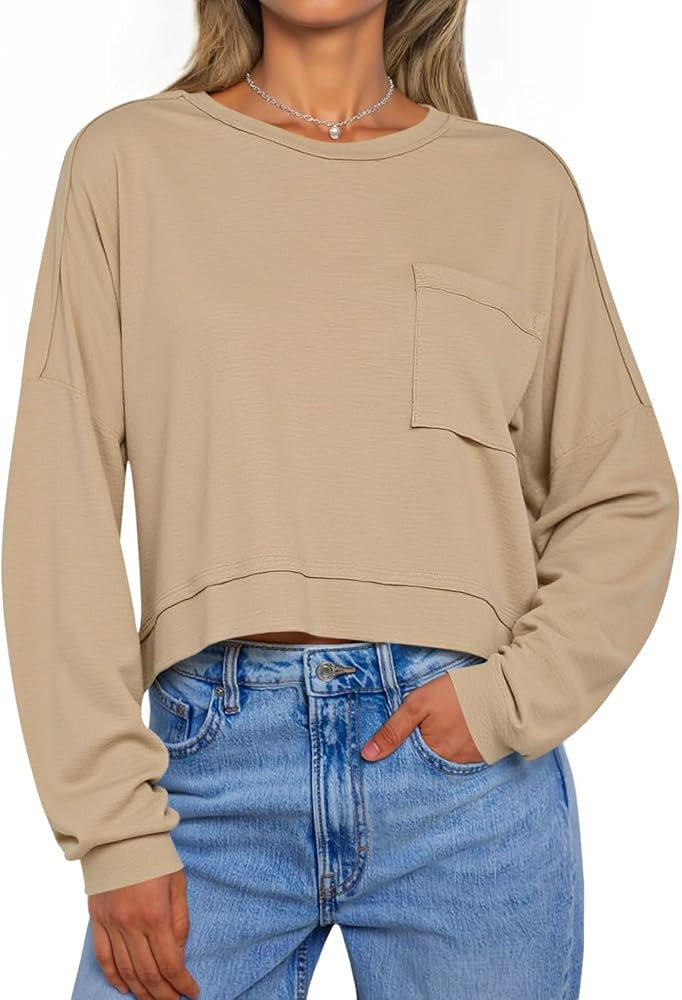 Tankaneo Womens Cropped Long Sleeve Shirts Trendy Casual Boxy Fall Tops Loose Fit Crew Neck Tees ... | Amazon (US)