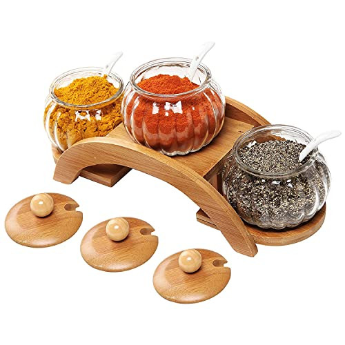 MyGift 7.5 Ounce Condiment Pots, Modern Tiered Bamboo Serving Tray with Arch Design, 3 Fluted Clear Glass Bowls, Bamboo Lids and Ceramic Spoons, 10 Piece Set | Amazon (US)