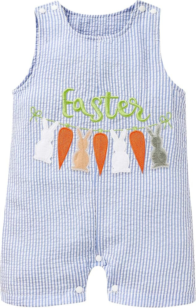 Sinhoon Baby Girl Boy Easter Outfits Infant Bunny Pattern Romper+Blue Stripes Suspender Pants Tod... | Amazon (US)