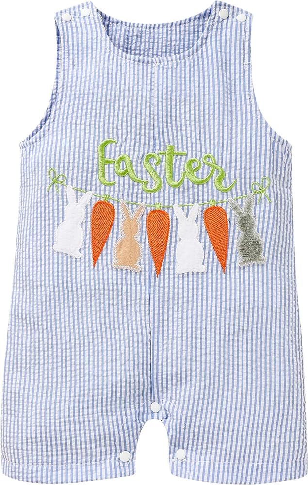 Sinhoon Baby Girl Boy Easter Outfits Infant Bunny Pattern Romper+Blue Stripes Suspender Pants Tod... | Amazon (US)