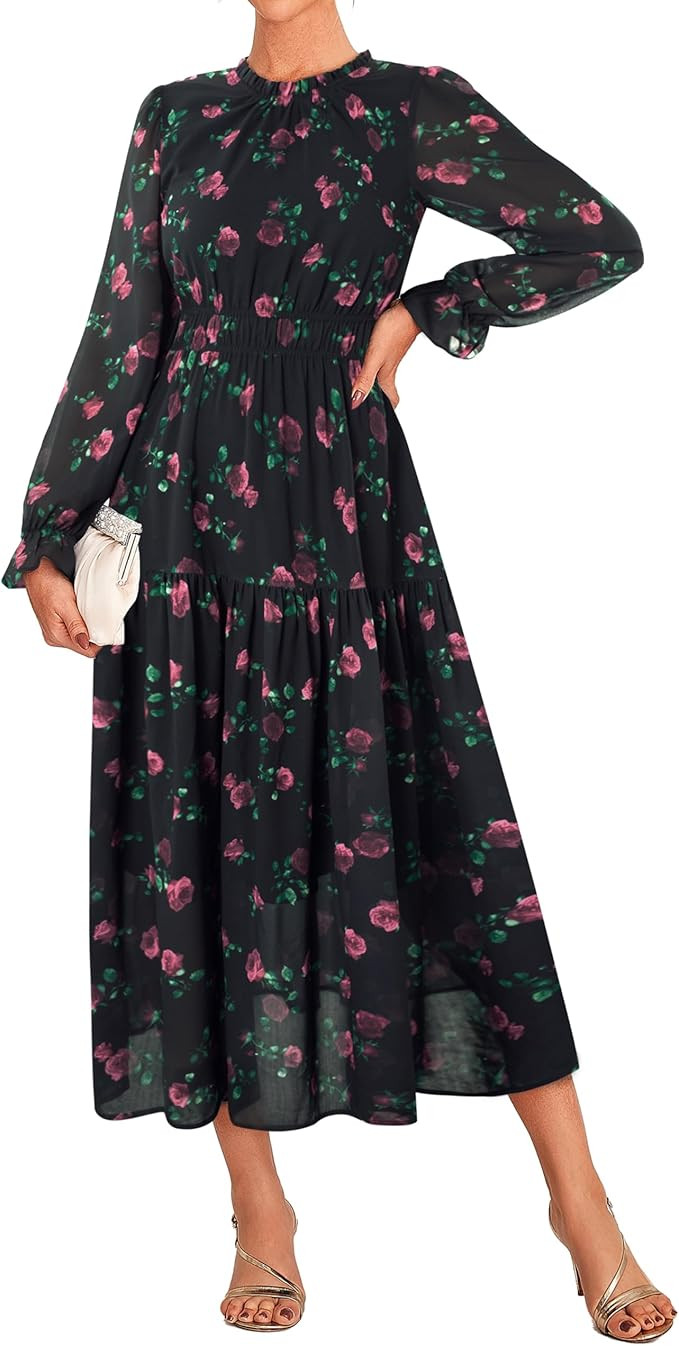 GRACE KARIN Women's Long Sleeve Maxi Dress 2026 Chiffon Flowy Wedding Guest Dresses Floral Dress ... | Amazon (US)