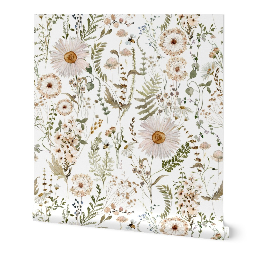 Wallpaper in Daisy Dandelion Wildflower Meadow | Spoonflower