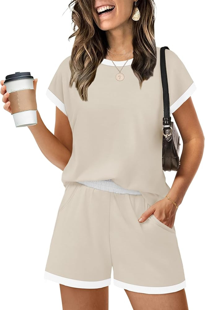 WIHOLL Two Piece Sets for Women Summer Lounge Short Sets Cap Sleeve Crew Neck Sweatsuit with Pock... | Amazon (US)