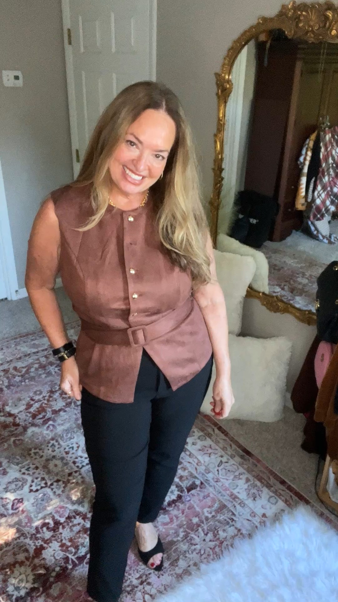 Brown suede belted  vest with classy gold buttons. A fabulous piece to layer under a silk blouse or turtleneck.  Workwear.