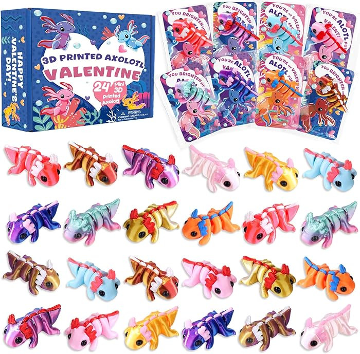 Valentines Day Gifts Cards for Kids 24 Pack 3D Printed Animals Axolotl Figurines Set with Valenti... | Amazon (US)
