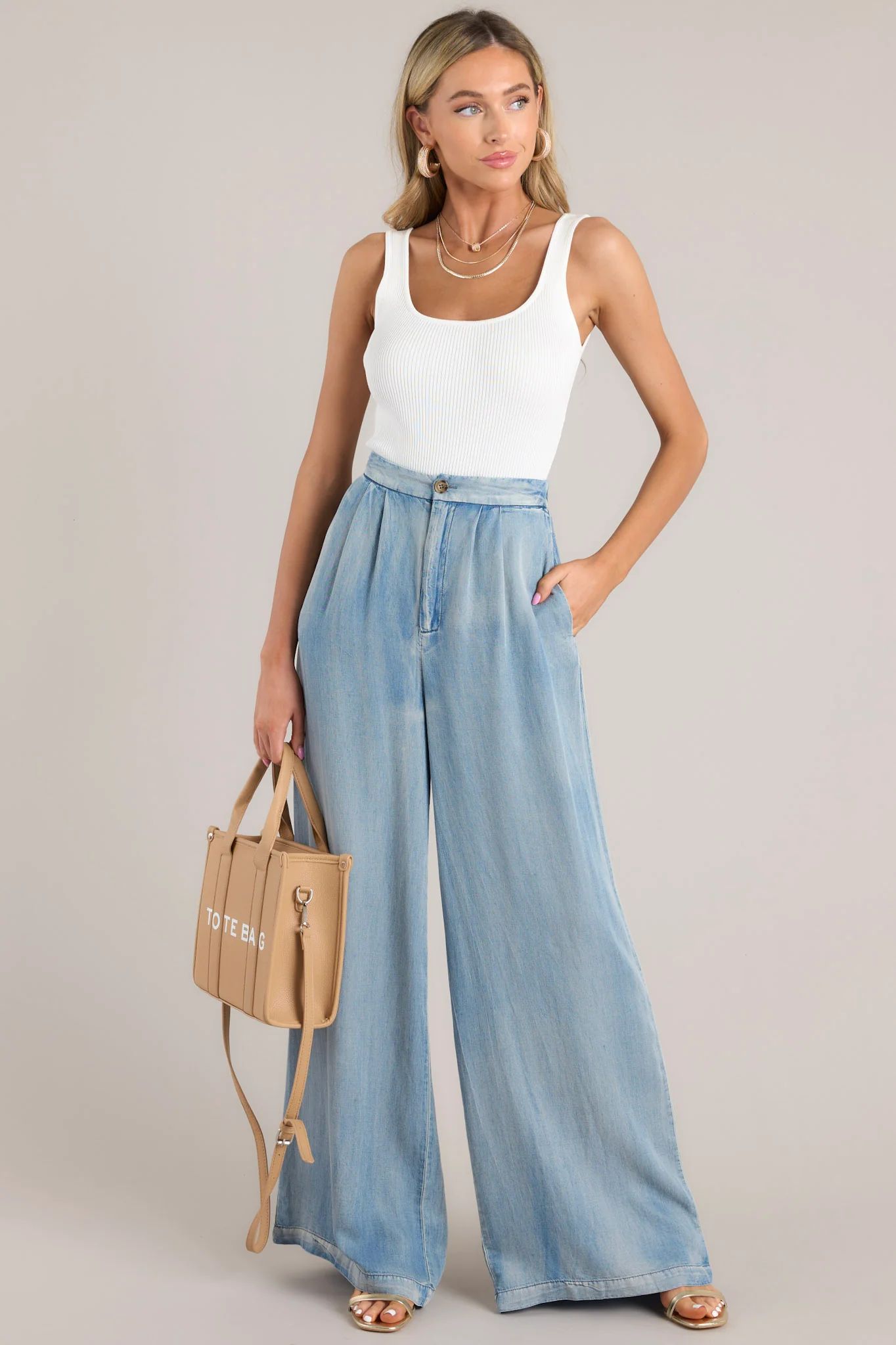 Out Past Curfew Chambray Dusty Blue Pants | Red Dress