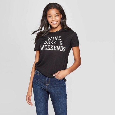 Women's Short Sleeve Wine Dogs and Weekends Graphic T-Shirt - Modern Lux - Black | Target
