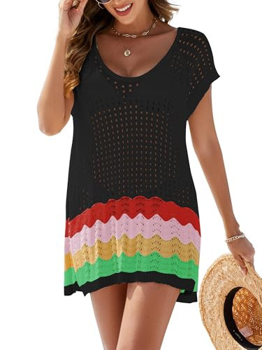 VIAURBE Women's Crochet Cover Ups Swimwear Beach Bikini Swimsuit Cover-ups Striped Side Split Mini Dress Black S | Amazon (US)