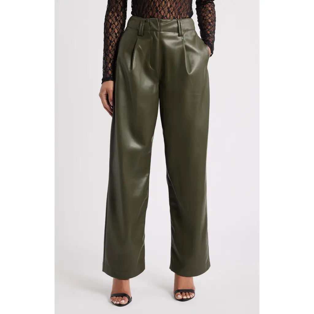 Topshop Pleated High Waist Faux Leather Pants in Khaki at Nordstrom, Size 0 Us | Nordstrom