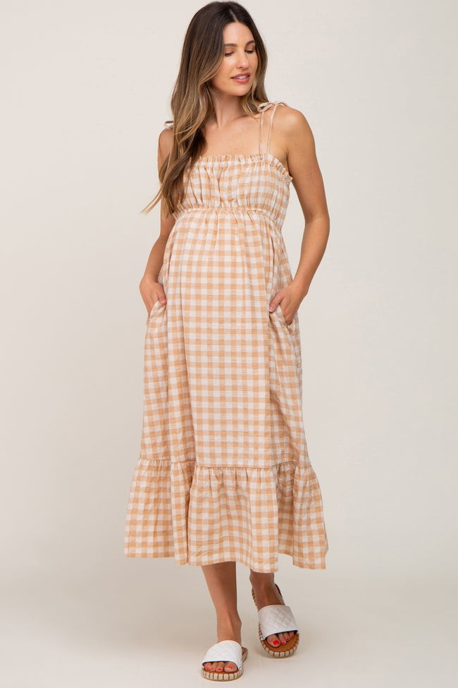 Taupe Gingham Square Neck Tie Strap Maternity Midi Dress | PinkBlush Maternity