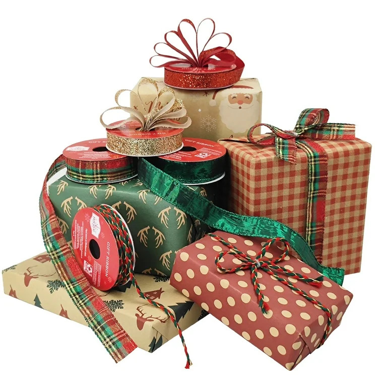 Cintas Navideñas Rojas, Verdes y Doradas Variadas y Adornos de Regalo, 9', 5 Unidades, de Holida... | Walmart (US)