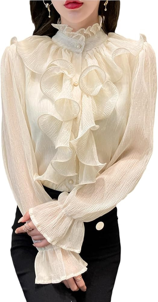 Korean Summer Shirt, Women's Chiffon Ruffled Long Sleeved Shirt, Women's Sweet top | Amazon (US)