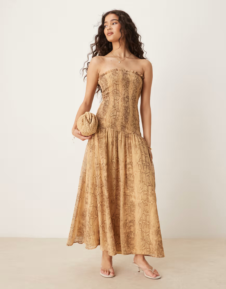 ASOS DESIGN shirred chiffon drop waist maxi dress in snake print-Multi | ASOS (Global)