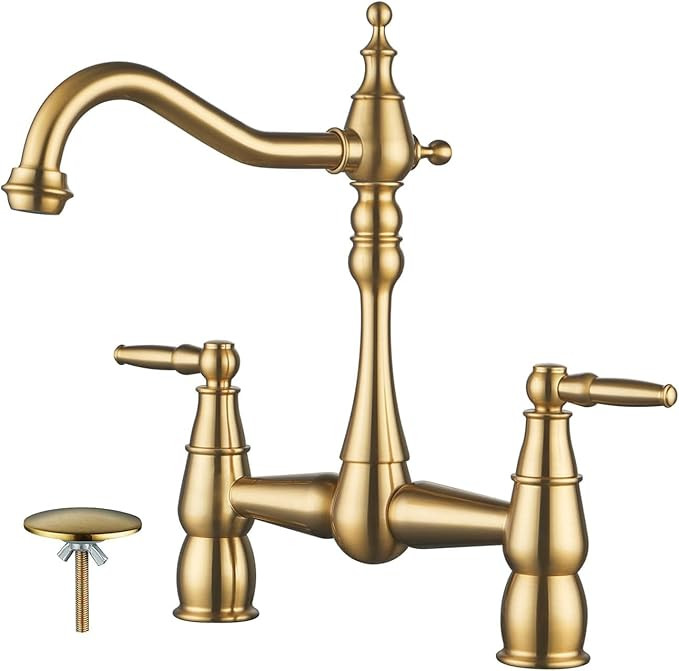 Bridge Centerset Faucet for Kitchen Sink, 2 Hole Brass Kitchen Faucet with 360° Swivel Tap, Deck... | Amazon (US)