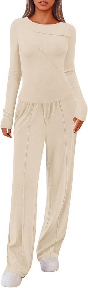 Lazysmile Lounge Sets For Women 2 Piece Sets Fall Outfits Long Sleeve Tops with Wide Legs Pants C... | Amazon (US)