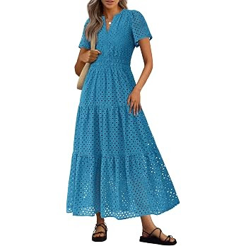 PRETTYGARDEN Womens 2026 Summer Maxi Dress Short Sleeve V Neck Hollow Out Eyelet A Line Long Flow... | Amazon (US)