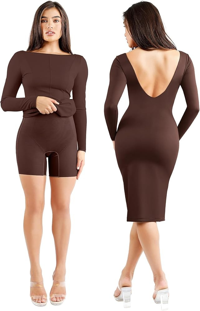 Popilush Shapewear Cocktail Dress Backless Shaper Dress with Built in Shapewear Long Sleeve Cockt... | Amazon (US)