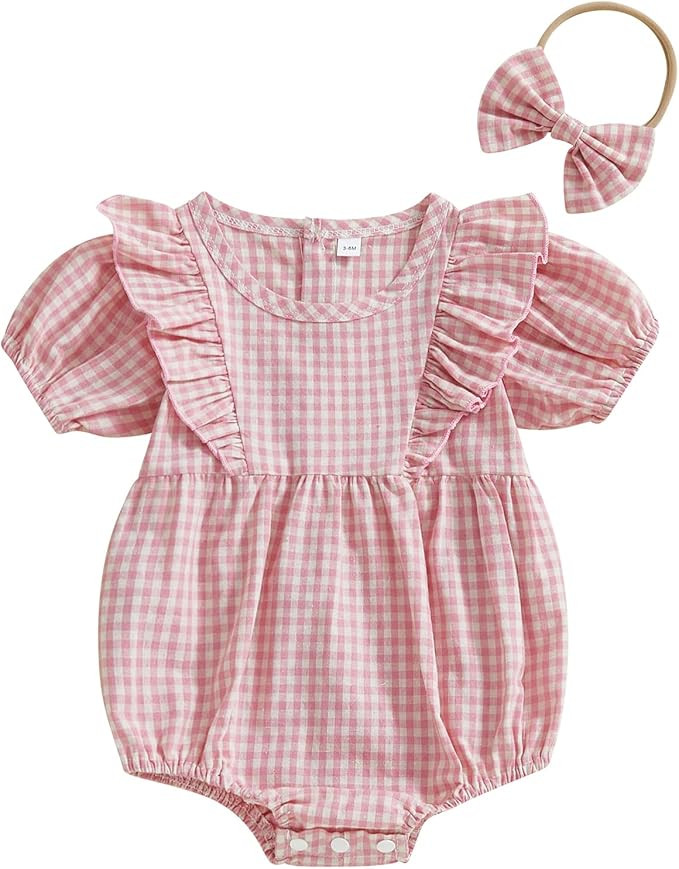 Douhoow Baby Girl Plaid Romper Flying Sleeve Baby Bubble Romper Ruffle Baby Bodysuit Spring Summe... | Amazon (US)
