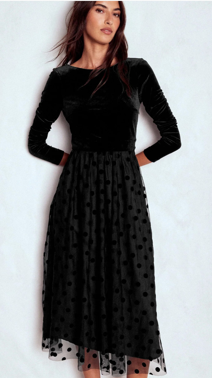 Whatever your cause for celebration, add some elegant balletcore magic with this contrast velvet and tulle dress. You'll love the long sleeve bodice with a scoop back and cinched waistline as much as the dramatic dotty skirt. Holiday party dress. 

 #LTKHoliday #LTKStyleTip #LTKWedding