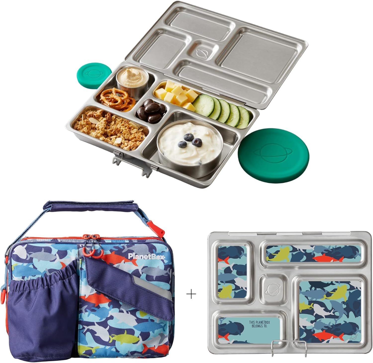 PlanetBox Rover Stainless Steel Bento Lunch Box with 5 Compartments for Adults and Kids, Sharks C... | Amazon (US)