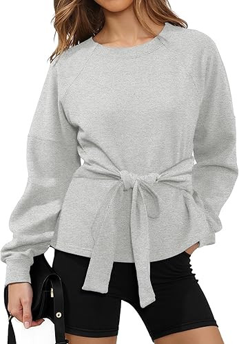 Zhiyouni Women's Long Sleeves Shirt Tops Casual 2025 Fall Fashion Crewneck Tie Knot Sweatshirt Pu... | Amazon (US)