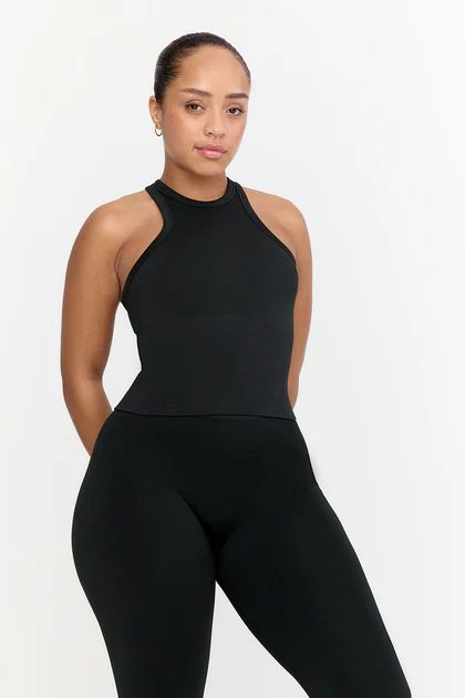 SCULPT SEAMLESS RIBBED RACER TANK - BLACK MARL | TALA (UK)