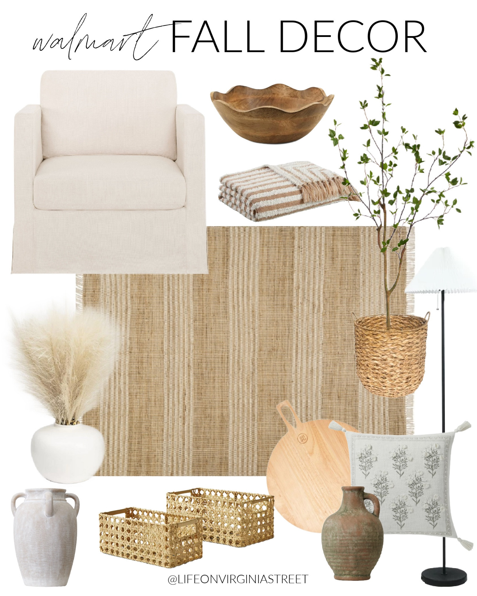 Cute new fall decor finds from @Walmart! #walmartpartner I’m loving this affordable slipcovered swivel chair, striped jute rug, small faux citrus tree, woven baskets, pampas grass decor, wood serving board, floor lamp with pleated lamp shade, ceramic jugs, cozy blankets and scalloped wood bowl!
.
#walmartfinds #iywyk #walmarthome #ltkhome #ltkseasonal #ltkfindsunder50 #ltkfindsunder100 #ltksalealert #ltkstyletip #ltkover40 neutral decor, living room decor, cozy fall home decor

#LTKSeasonal #LTKhome #LTKfindsunder50